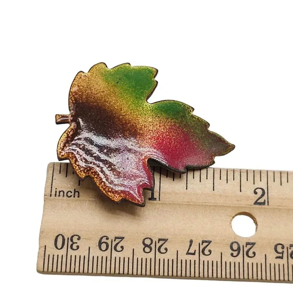 Multicolor Enamel on Copper Maple Leaf Brooch Pin Vintage Fall Autumn